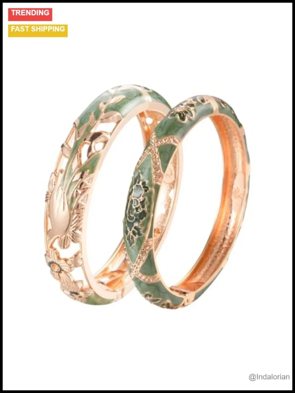 Vintage Enamel Hinged Cuff Bangles Set Floral Bird Design